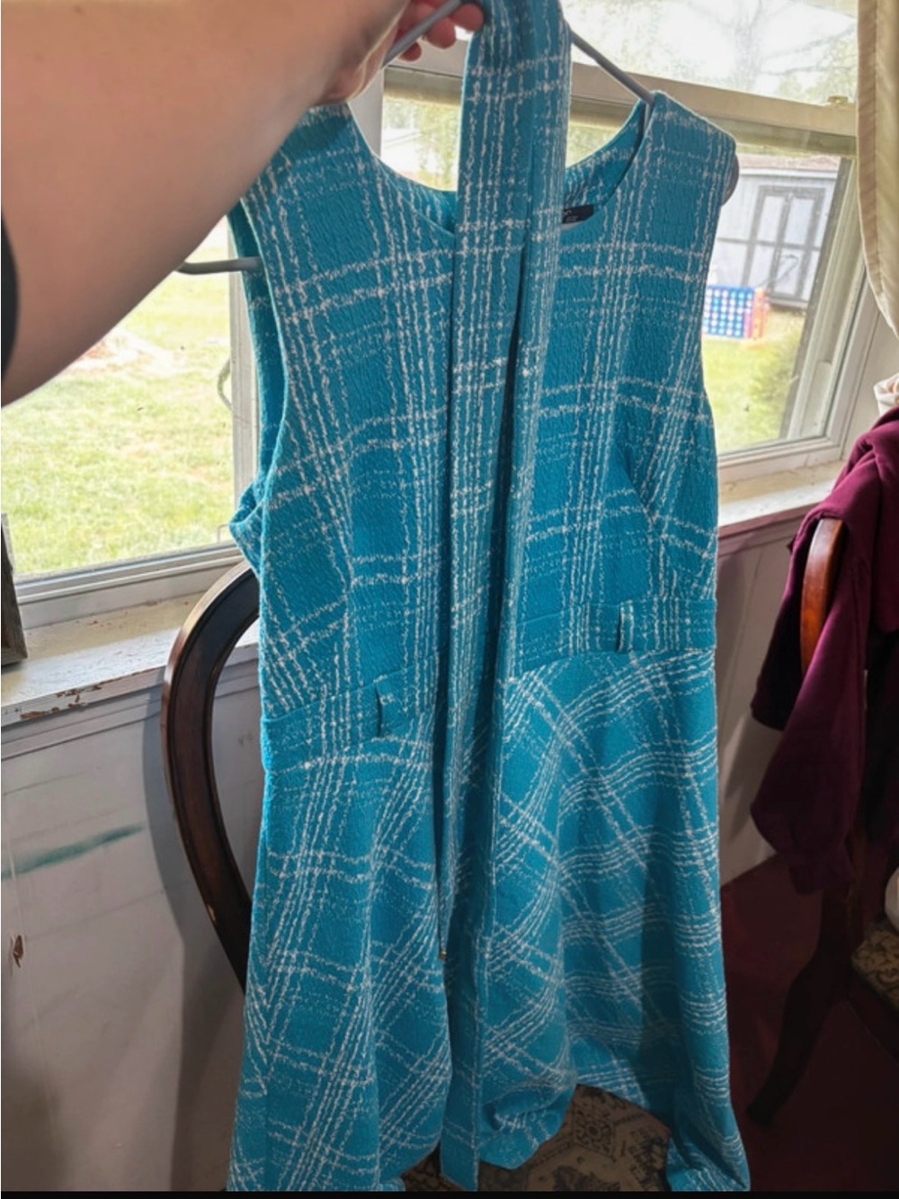 Chaps Teal and White Plaid Sleeveless Fit-and-Flare Dress